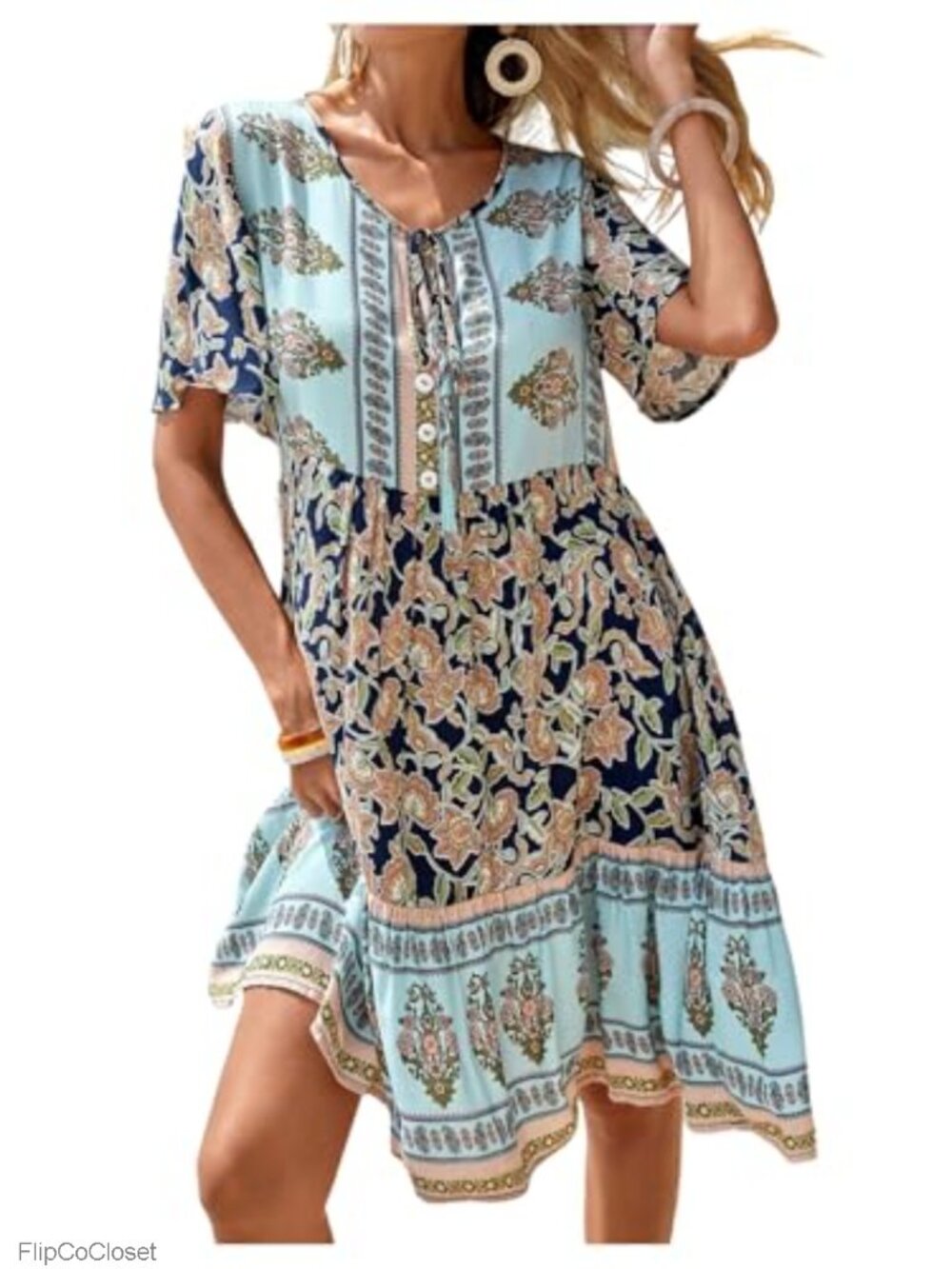 Floral Tie Front Babydoll Dress Short Sleeve Ruffle Hem Flowy Summer